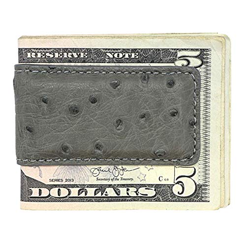 Grey Genuine Ostrich Money Clip â€“ Magnetic â€“ American Factory Direct - Strong Shielded Magnets - Money Holder - Money Holder - Made in USA by Real Leather Creations Gray FBA511