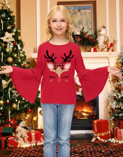 Image of BesserBay Girls Christmas Long Bell Sleeve Ruffle Tunic Top 4-12 Years