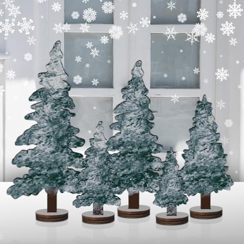 5 Pcs Wooden Christmas Snowy Trees Desk Decor - Rustic Christmas Decorations - Wooden Snowy Trees Sign for Home Shelf Mantel Fireplace Table Windowsill Party Xmas Centerpieces -A01