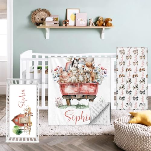 Hatchaa Custom Baby Crib Set with Name - Personalized Farm Animals Baby Bedding 3 Piece Set, Nursery Bedding Set for Girls Boys, Soft Blanket with Dotted Backing, Customized Gift for Infants Toddlers