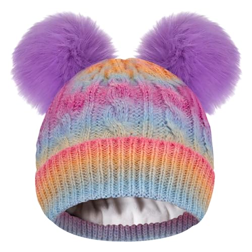 Girls Beanie with Double Pom Pom, Thick Warm Fleece Lined Knit Kids Winter Hat for 3-9 Years