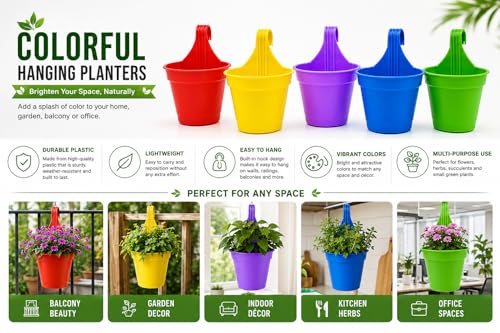 Image of 7.5 Inch Plastic Hanging Planters, Set of 5 Multicolor Flower Pots with Hooks for Indoor Outdoor Plants, Balcony, Home and Garden Decor