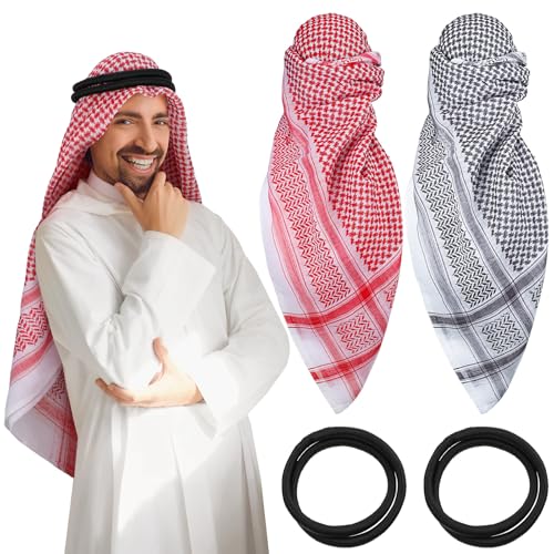 Funtery 2 Pcs Arab Shemagh Muslim Keffiyeh Head Scarf for Men with Lgal Aqel Rope Arab Costume Halloween Costume Accessories(Pink, Black, White)
