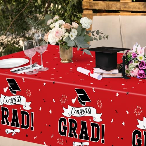 Image of 2 PCS Graduation Tablecloth, 108 inch X 54 inch Red Graduation Table Decorations 2026, Disposable Plastic Tablecover for Grad Decor Party Supplies, Rectangle Table Cover for Class 2026 Congrats Grad for Kids