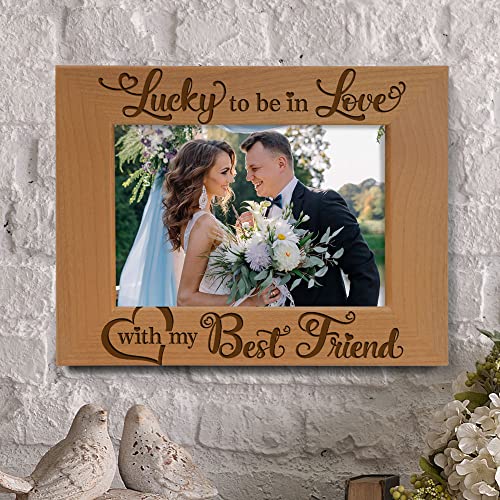 Kate Posh - Lucky To Be In Love With My Best Friend Picture Frame - Engraved Natural Wood Photo Frame - Wedding Gifts, Engagement Gifts, Christmas Gifts, Valentine's Day Gifts (5X7-Horizontal) #TOP2