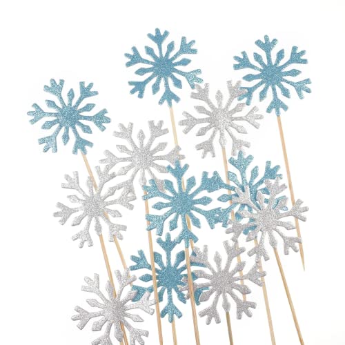 Frozen Cake Toppers Decorations 20pcs Christmas Cupcake Toppers Snowflake Cake Decorations Snowflake Cupcake Toppers for Christmas Birthday Wedding Party Blue & Silver