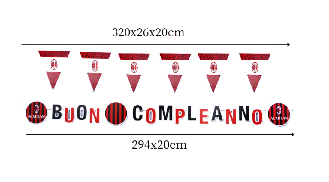 Kit Compleanno Milan per 24 Persone - Set Festa 106 Pezzi con Piatti, Bicchieri, Tovaglioli, Palloncini, Tovaglia, Festoni, Sparacoriandoli e Topper Torta - Addobbi Tema Milan per Bambini e Tifos