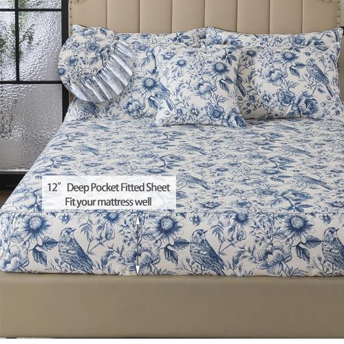 Image of FADFAY Twin XL College Bedding Sunflower Bird Sheets Set Extra Long Dorm Room Essential Bedding 100% Egyptian Cotton Soft Breathable Sheets Blue de Jouy French Country Vintage Farmhouse Sheet 4Pcs