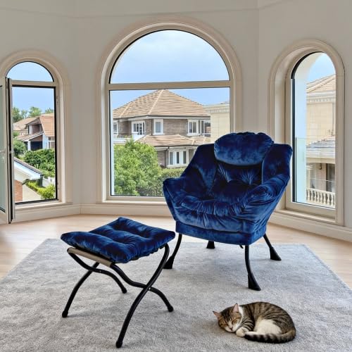 muenfly Sillón de relax con taburete, color azul oscuro, capacidad de carga de 150 kg y bolsillo lateral para salón, oficina en casa