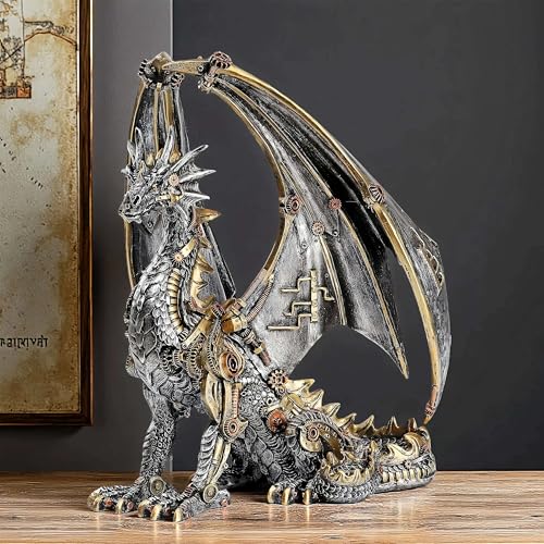 OUTOUR Steampunk Dragon Statue - 12" Gothic Mechanical Dragon Sculpture with Gears Retro Metallic Resin Art for Home Office Man Cave & Fantasy Decor