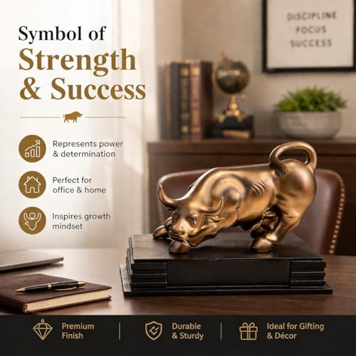 Image of ARMONIA Golden Charging Bull Statue (23 * 28.5cm) | Polystone Bull Sculpture Showpiece Wall Street Bull for Home Decor, Stock Market & Trading Desk Symbol of Business Growth