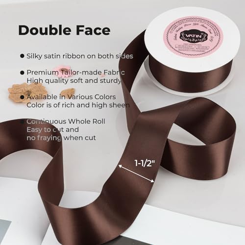 VATIN 1-1/2" Wide Double Faced Polyester Brown Satin Ribbon Continuous Ribbon- 25 Yard, Perfect for Wedding, Gift Wrapping, Bow Making & Other Projects