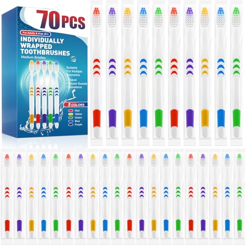 Image of Navona 70 PCS Premium Individually Wrapped Bulk Toothbrush Pack, Disposable Toothbrushes, Kids Toothbrush, Medium Soft Bristle Toothbrushes, Ergonomics Handle, Perfect for Travel Hotel Donation