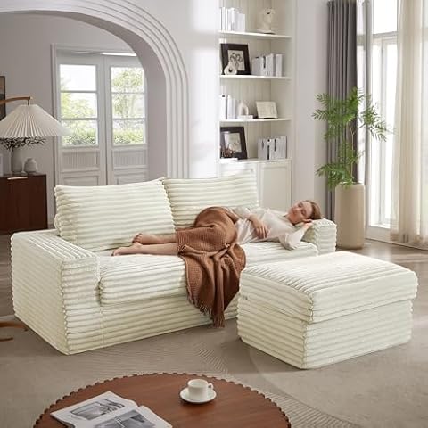EXZLFA 92" Oversized Double Sofa with Movable Ottoman,Modern L Shaped Sectional Lounge Chair with Zippered Backrest,Comfy Plush Corduroy Thick Pad Sofa Set for Living Room Bedroom (Beige) Cover