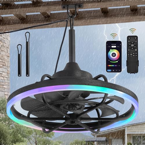 Image of Fanbulous Outdoor RGB Ceiling Fans with Light, 24 inch Waterproof Gazebo Fan | IP65, Weatherproof, Plug in, Remote&APP Control, 3CCT Dimmable,2H Timer, Caged, with Hanging Hook for Patio, Porch, Pergola