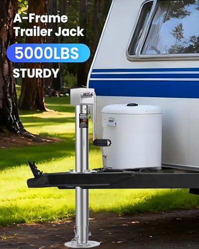Image of 5000 lbs Heavy Duty Trailer Jack, A-Frame Trailer Jack, 20-24V Cordless Drill Compatible, RV Tongue Jack with 26 inch Lift, 9-Hole Drop Leg, Manual Crank Handle & Cover for Boat, Utility Trailers