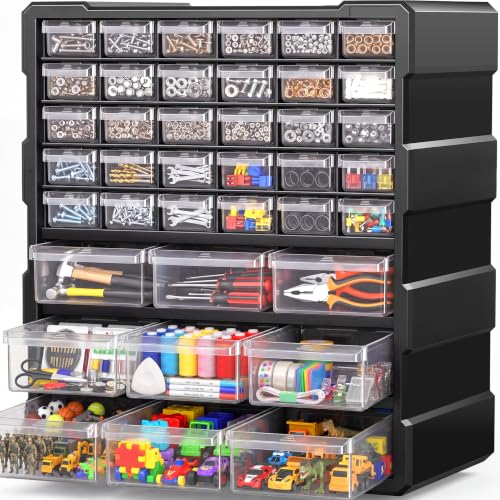 PurKeep Drawer Organizer for Garage Building Bricks Storage Thicker Craft Organizers Storage with Dividers Labels for Hardware Screws Nuts Bolts Teacher Toolbox Charms Beads Craft