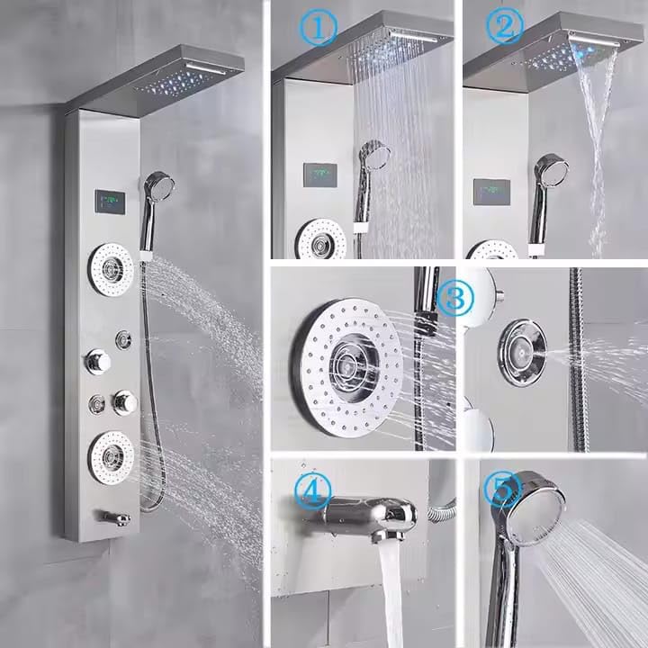 Image of Stainless Steel 304 Grade Shower Panel 8in1+ Extra Large 3Ways Hand Shower With LED Rainfall Waterfall 2Body Massage 4Mist Spray Temperature Display Shower Panel (Chrome)
