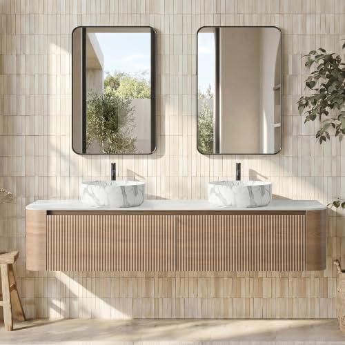 CITTANEO 72" Floating Bathroom Vanity with Carrara Finish Sink, Honey Oak
