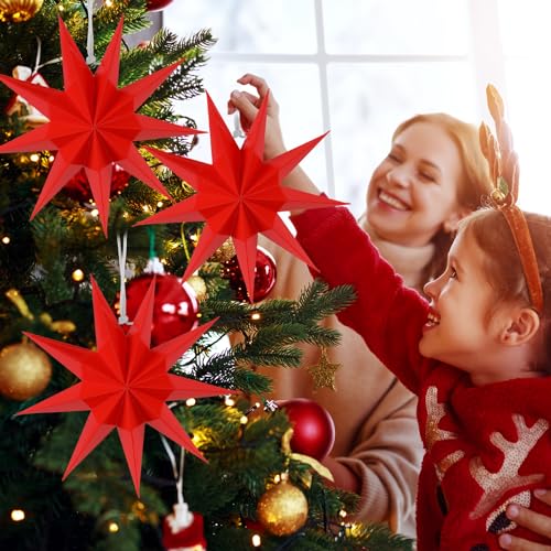 Image of SUNBEAUTY 3 Pcs 9-Pointed Red Paper Star Lanterns 12 Inch Christmas Hanging Lamp Red Paper Decorations Shade Wedding Birthday Christmas Home Party Decorations