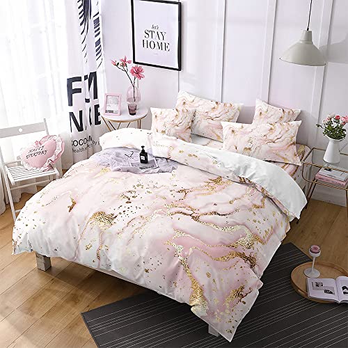 Freyamy Bettwäsche 200x200 3teilig Rosa Gold Marmor Optik Modern Bettwäsche Set Mikrofaser Wendebettwäsche Set Luxus Doppelbett 1 Bettbezüge mit Reißverschlüsse und 2 Kissenbezug 80x80 Cover