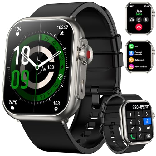 Smart watch with a sleek design, featuring a digital display showing time, temperature, and fitness metrics, alongside a secondary screen displaying call and contact options, highlighting smart features relevant to CES 2023 tech reviews.