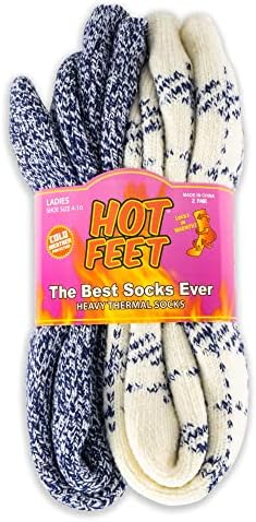 HOT FEET 2 Pack Warm Cozy Thermal Socks for Women - Thick Insulated Crew for Cold Winter Weather. Denim / Buffalo Plaid