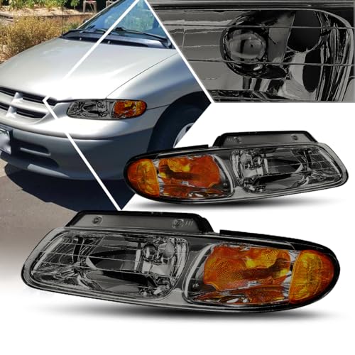 PM PERFORMOTOR Headlights Assembly Compatible with 1996-2000 Town & Country Caravan Voyager, 2Pcs Headlamps with Smoked Lens Amber Corner