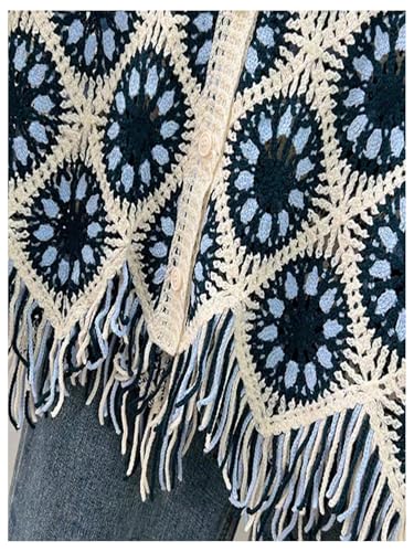 Verdusa Women's Boho Graphic Print Crochet Sweater Vest Button Up Fringe Lightweight Cardigans4