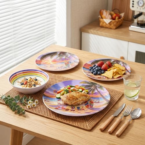 Image of 12 Piece Melamine Plates and Bowls Set, Beach Sunset