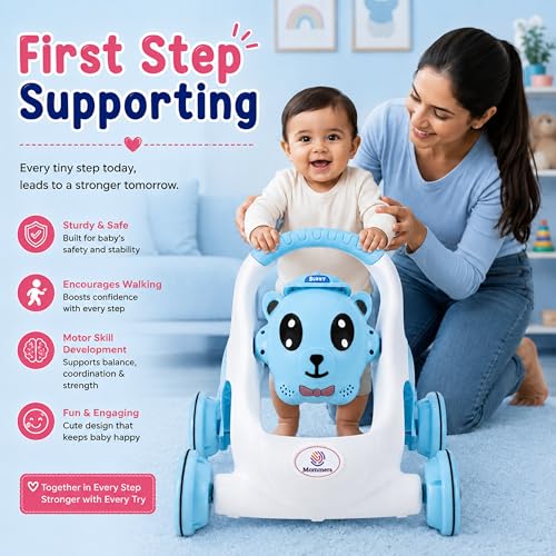 Image of Mommers Baby Walker Musical Push Support Toddler Blue Wheels & Handle, Cute Design Activity Walker, Balanced Wheels, Indoor Play