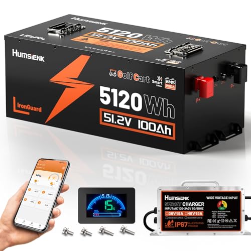 Image of HumsiENK 48V 100Ah Lithium Golf Cart Battery with 58.4V Charger, LiFePO4 200A BMS (410A Peak), Bluetooth & LCD, Metal Casing, Drop-in Replacement for EZGO, Club Car, Yamaha, Off-Grid Solar