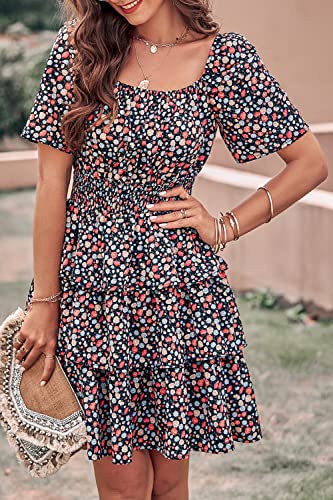Image of PRETTYGARDEN Women's Summer Floral Ruffle Short Dress | Short Sleeve Square Neck, Flowy Tiered Hem, Fit and Flare, Flower Boho Dresses, Cute Beach Vacation Outfits, Fashion Clothing