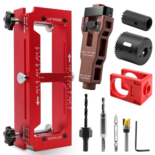 ALL-IN-ONE Door Hinge Jig, Door Lock and Door Latch Installation Kit, Aluminum Alloy Router Template for Hinge Mortising from 2.5' to 5' and Types of Square, 1/4', 5/8' Radius, Door Hole Drilling Kit
