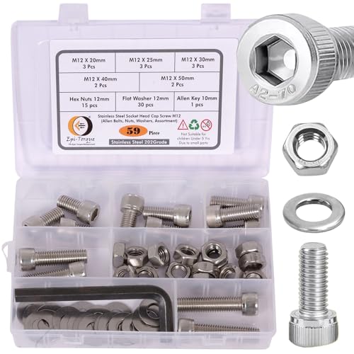 Image of Metric M12 Stainless Steel 202 Grade Allen Bolt Hex Socket Head Cap Scres Nuts & Washers Assortment Kit with Allen Keys & Storage Box - 59 Pieces
