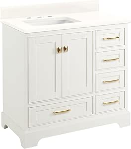 Signature Hardware 953528-36-RUMB Quen 36" Single Vanity Set with Wood Cabinet, Quartz Vanity Top, and Rectangular Sink - 3" Faucet Holes - Soft White/Arctic White