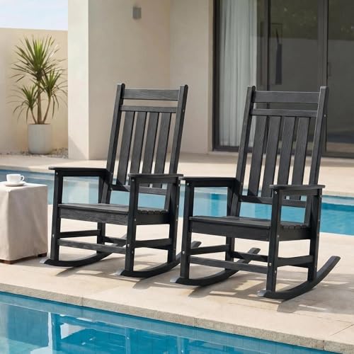 Furnimart Oversized Rocking Chairs Set of 2 HDPE Outdoor Rocking Chair for Adults with High Back Weather Resistant for Patio Garden Lawn Porch Black 2pcs