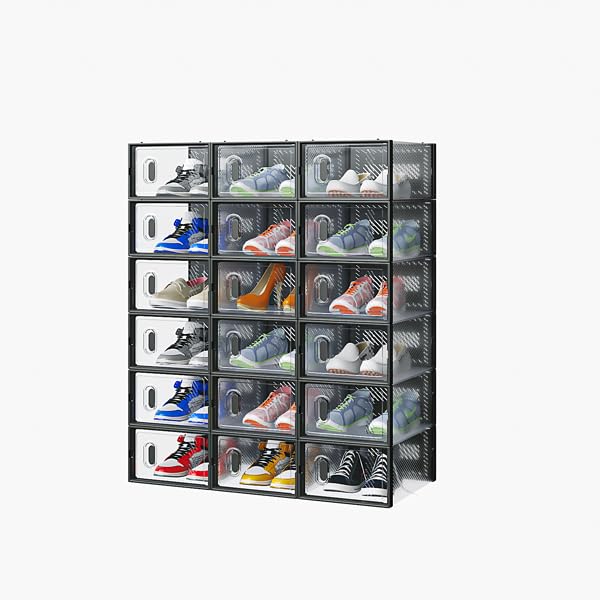 NovaXZ Black Small 18-Piece Shoe Storage Box Set – 33x23x14cm, Plastic Mesh & Stackable Design