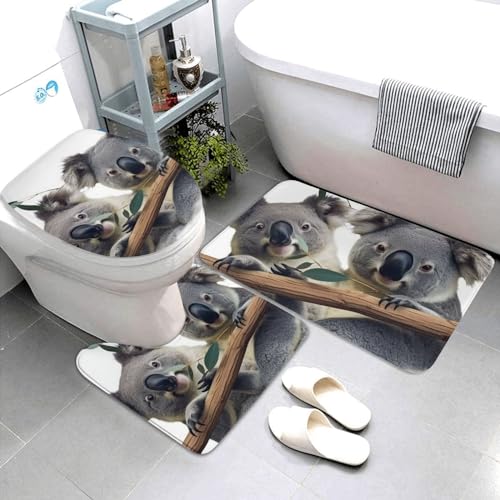Dwrepo Funny Koalas Print Bathroom Rug Set 3 Piece with Non-Slip U-Shaped Contour Mat and Toilet Lid Cover for Bathroom Decoration