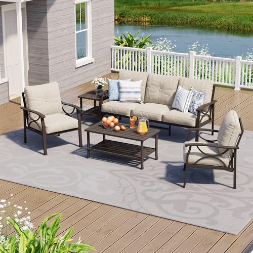 Image of FansaFurn 5-Pieces Outdoor Patio Furniture Set, Outdoor Metal Sectional Furniture with Cushions, Outdoor Conversation Seating Set with Coffee Table for Garden, Balcony, Deck, Backyard, Khaki