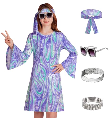 BesserBay Girl's 70s Disco Diva Costume Bell Sleeve Sequins Dancing Dress 4-14 Years