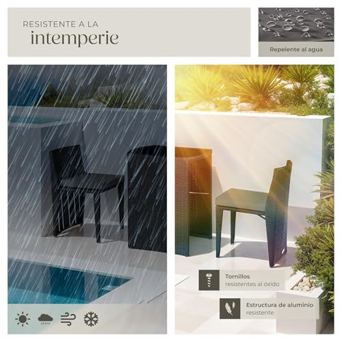 tectake® Conjunto Jardín Exterior de Ratán y Acero, Muebles Jardín Exterior Resistente a la Intemperie, 2 Sillas con Cojines, Mesa Cristal, Agrupable, Fácil Montaje y Limpieza - Negro - imagen 7