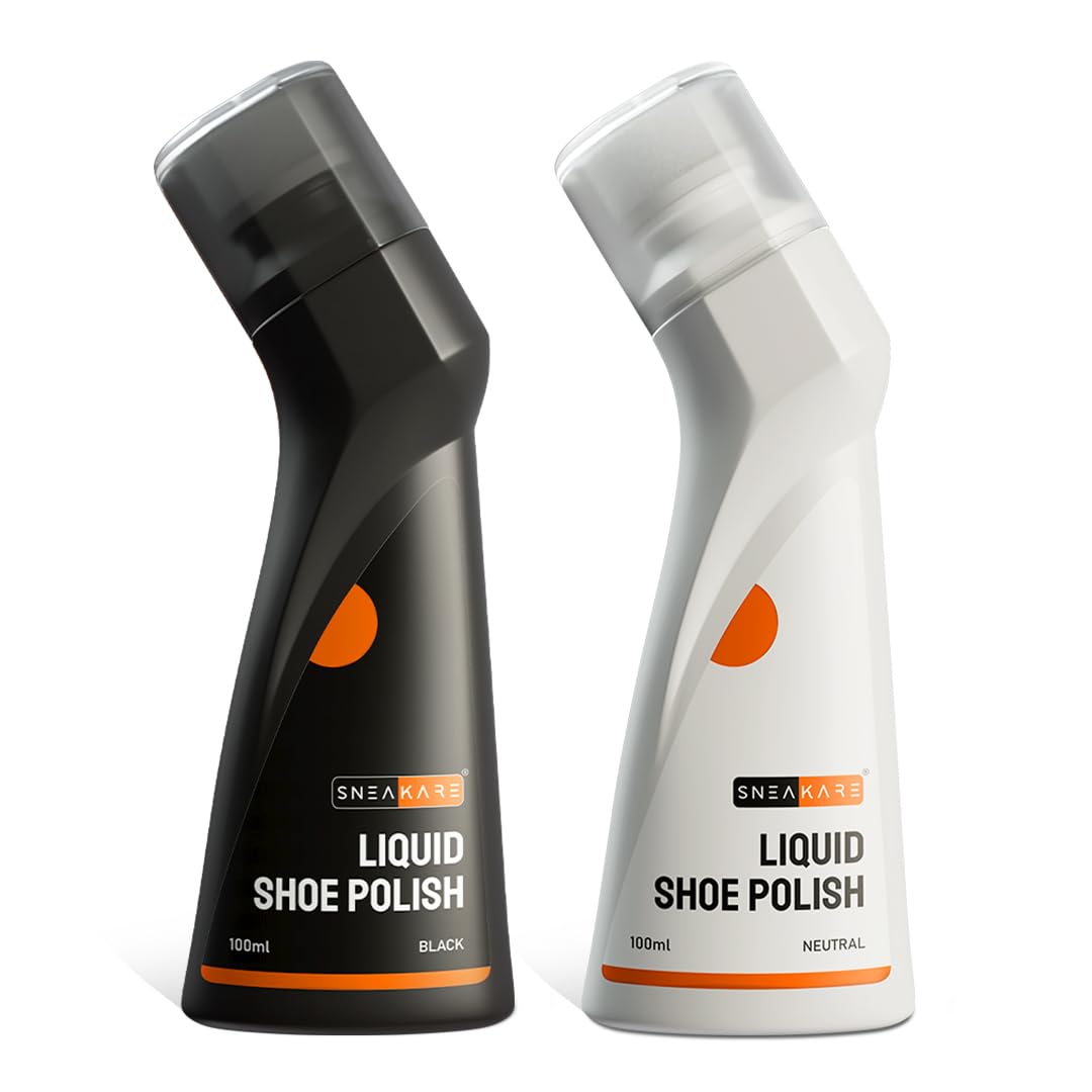 SNEAKARE Liquid Shoe Polish, 100 ml – Water-Based Formula with Spill-Proof Applicator (Pack Of 2, Black And Neutral)