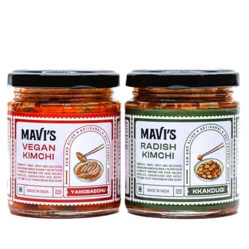 Image of MAVI's Kimchi | Vegan Kimchi & Radish Kimchi | Combo Pack of 2 | 200g Each | Korean Kimchi | 100% Natural & No Preservatives | Organic and Vegan | No Artificial Flavour or Colour | Probiotic Pickle