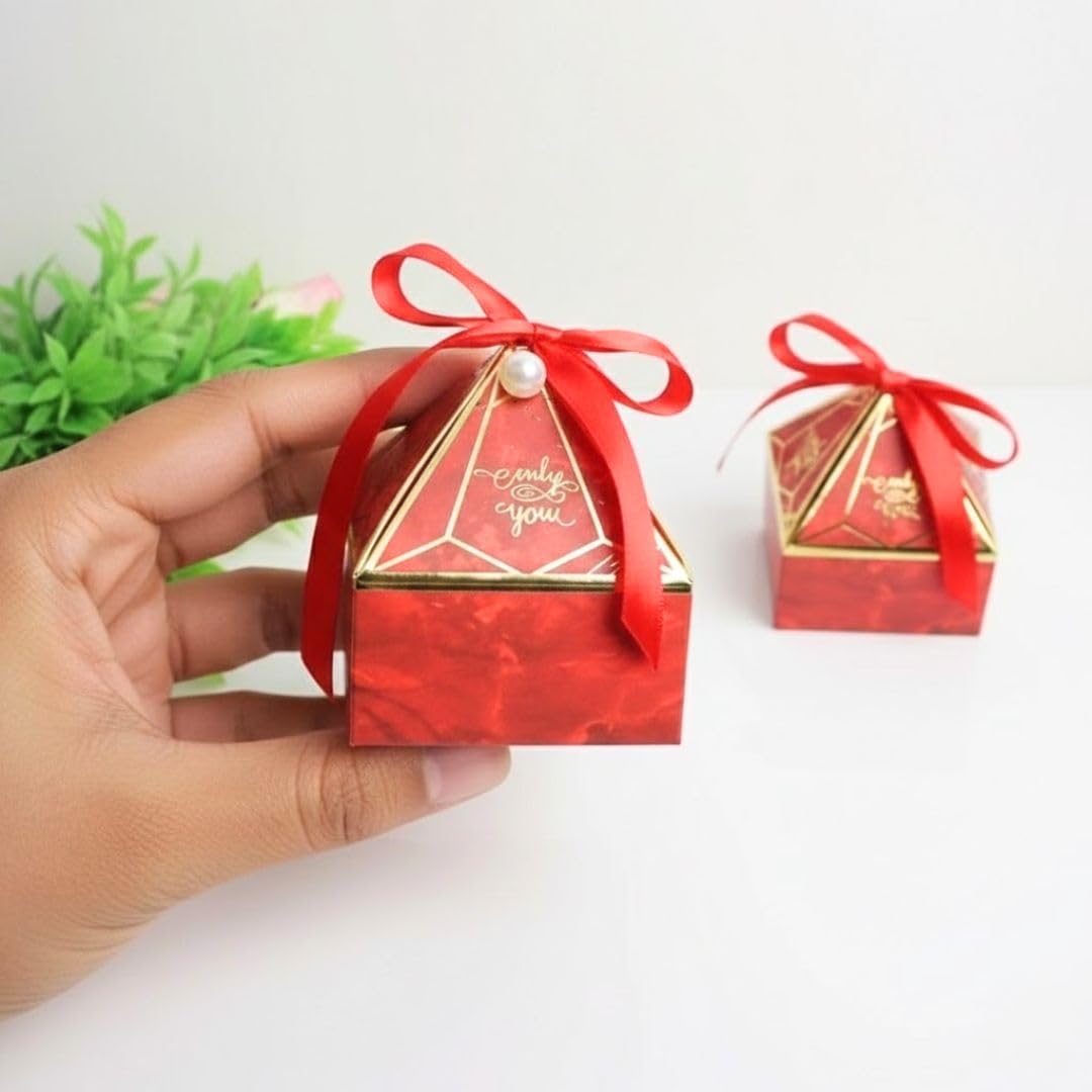 SATYAM KRAFT Pack of 40 Small Diamond Shape Folding Gift Boxes for Gifting | Empty Hamper Boxes for Wedding Return Gift, Party favours, Birthday | Chocolate & Dry Fruit Packaging (Red, With Ribbon) 1