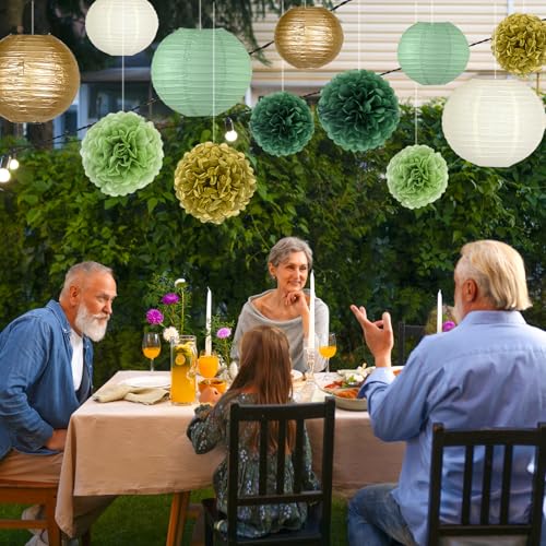 Image of KAXIXI 15pcs Hanging Party Decorations Set, Sage Green Gold Paper Flowers Pom Poms Balls and Paper Lanterns for Rustic Party Bridal Shower Wedding Sage Green Birthday Party Supplies, LanternPomPom008