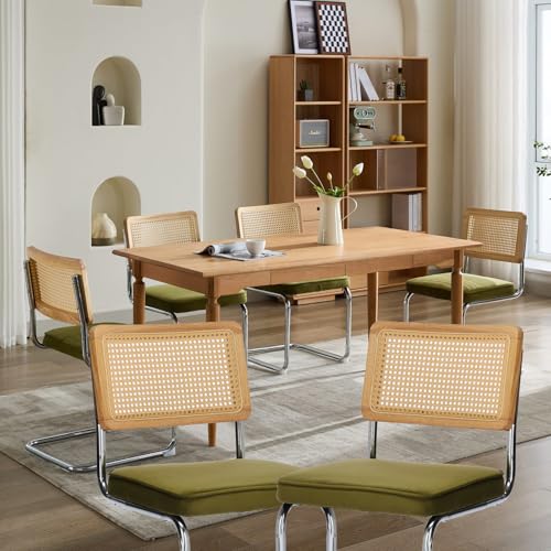 FINTHOMING Sillas Comedor Pack 6, Sillas de Comedor con Cojín de Terciopelo, Respaldo de Caña Natural y Base de Cromo Inoxidable, Sillas de Cocina Tapizadas de Ratán