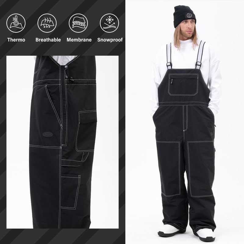 SNOWVERB Baggy Snow Bib Pants Waterproof Ski Bib Overalls Adjustable Snowboard Bibs Winter Snowsports Men