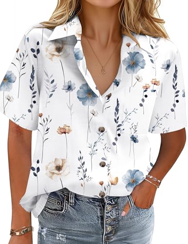 HOTOUCH Cotton Linen Button Down Shirt for Women V Neck Collared Blouse Casual Short Sleeve Tops with Pocket