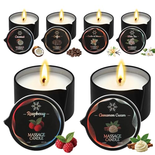 6 Pcs Massage Candle Set - Soy Wax Aromatherapy Candles with Skin-Softening Oil, Low-Heat Coconut Soy Blend for Couples Gift SPA Use 6 Scent 2.35 OZ